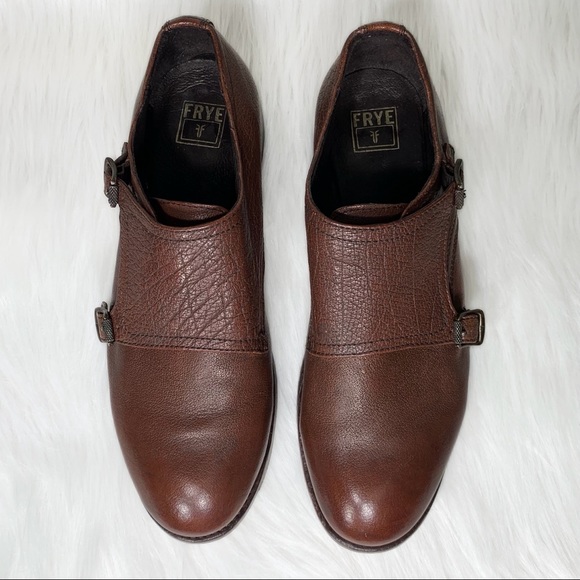 SOLD-Frye Leather Womens Buckled Oxford Flats, Menswear-Inspired Cognac Loafer - Picture 6 of 13